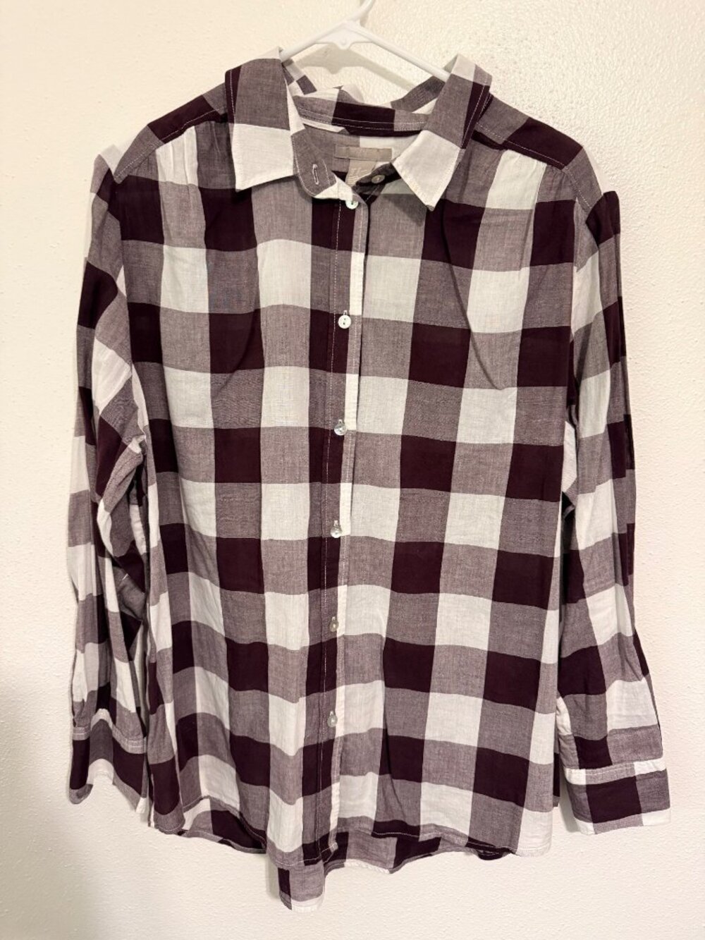 H & M Button Up Shirt White Purple Buffalo Plaid Womans 14